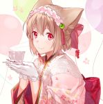  asahikawa_hiyori brown_hair closed_mouth commentary_request cup from_side gloves hair_ornament hairband holding long_sleeves looking_at_viewer original red_eyes short_hair smile solo teacup tray white_gloves 