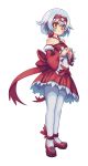  bare_shoulders blush borokuro detached_sleeves dress full_body gen_3_pokemon hairband hands_together highres latias pantyhose personification pokemon red_dress red_footwear shoes short_hair silver_hair smile solo standing white_legwear wide_sleeves yellow_eyes 