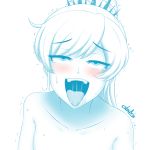  1girl ahegao artist_name blush collarbone cslucaris eyebrows eyebrows_visible_through_hair half-closed_eyes long_hair looking_at_viewer naughty_face open_mouth oral_invitation ponytail rolling_eyes rwby saliva simple_background solo spot_color sweat sweatdrop tears teeth tongue tongue_out trembling weiss_schnee white_background white_hair 