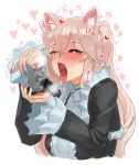  1girl animal_ear_fluff animal_ears black_dress blonde_hair blush cat_ears commentary dress fingernails heart heart-shaped_pupils highres holding long_sleeves mouse nail_polish nora_cat nora_cat_channel open_mouth pink_nails red_eyes saliva solo suisogenshi symbol-shaped_pupils tongue tongue_out two_side_up virtual_youtuber 