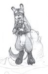  ambiguous_gender anthro blueberrysnow breasts duo fangs featureless_breasts featureless_crotch female hair long_hair mammal monochrome mustelid nude open_mouth otter post_transformation simple_background solo_focus standing surprise white_background 