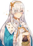  absurdres anastasia_(fate/grand_order) bangs blue_cloak blue_eyes blush cape closed_mouth crown dress eyebrows_visible_through_hair fate/grand_order fate_(series) hair_between_eyes hair_ornament hair_over_one_eye hairband highres holding jewelry leaf_hair_ornament long_hair looking_at_viewer mini_crown orange_hairband orange_ribbon pendant ribbon royal_robe silver_hair simple_background solo tuxedo_de_cat upper_body very_long_hair white_background white_dress 