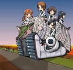  5girls ahoge akiyama_yukari ankou armadillo bangs black_hair blonde_hair brown_eyes brown_hair emerson_lake_&amp;_palmer girls_und_panzer headband isuzu_hana long_hair multiple_girls nishizumi_miho orange_hair reizei_mako serafuku short_hair skirt stockings takebe_saori tank tarkus 