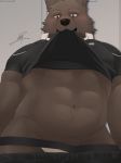  abs blush canine clothed clothing colored jockstrap looking_at_viewer male mammal mohumohuotou muscular pants_down partially_clothed pecs simple_background solo underwear 