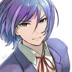  blue_eyes blue_jacket closed_mouth copyright_request hair_between_eyes highres jacket looking_at_viewer male_focus neck_ribbon purple_hair red_neckwear red_ribbon reiesu_(reis) ribbon signature simple_background solo white_background 