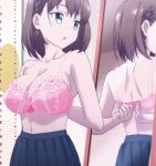  adjusting_bra adjusting_clothes ai-chan_(tawawa) back bra braid breasts brown_hair getsuyoubi_no_tawawa highres large_breasts mirror open_mouth pink_bra reflection school_uniform screencap short_hair side_braid skirt solo stitched third-party_edit underwear 