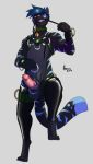  2017 4_toes 5_fingers anixis anthro balls bdsm bell black_fur blue_fur blue_hair cat clothing collar conditional_dnp digital_drawing_(artwork) digital_media_(artwork) dipstick_tail erection feline fur green_collar hair handcuffs harness leash legwear looking_at_viewer male mammal markings multicolored_fur multicolored_tail nude orange_eyes penis petplay roleplay rubber shackles shiny sige simple_background smile solo standing striped_fur stripes teeth text toes wrist_cuff 