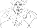  2girls blush camel_(dansen) demon_girl demon_wings female giantess glasses horns masturbation monochrome multiple_girls open_mouth original pussy pussy_juice spread_legs tongue wings 