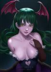  bat_wings black_leotard breasts cleavage commentary_request demon_girl finger_to_chin green_eyes green_hair head_wings heart_cutout large_breasts leotard long_hair low_wings luffie morrigan_aensland pantyhose purple_legwear red_lips solo succubus vampire_(game) wings 