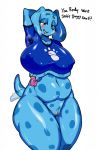  2018 anthro belly big_breasts big_butt blue&#039;s_clues blue_(blue&#039;s_clues) blue_eyes blush bottomless breasts butt canine clothed clothing condom crop_top deep_navel digital_media_(artwork) dog female looking_at_viewer mammal navel overweight overweight_female pussy sechomi11 shirt simple_background slightly_chubby smile solo sweat thick_thighs voluptuous wide_hips 