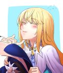  androgynous blonde_hair blue_background blue_hat blush chevalier_d'eon_(fate/grand_order) chin_tickle closed_eyes closed_mouth eyebrows_visible_through_hair fate/grand_order fate_(series) flying_sweatdrops hat hat_removed headwear_removed holding holding_hat i-pan long_hair out_of_frame solo_focus sweatdrop upper_body 