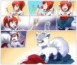  2016 alolan_vulpix blush clenched_teeth comic dialogue drinking female feral hair human human_to_feral japanese_text kneeling mammal nintendo nude open_mouth p_(artist) pok&eacute;mon pok&eacute;mon_(species) ponytail red_eyes red_hair regional_variant sad shrinking simple_background solo standing surprise tail_growth tears teeth text transformation translation_request video_games 