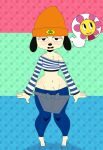  anthro blush canine clothed clothing digital_media_(artwork) dog female flora_fauna girly hat hi_res looking_at_viewer male mammal open_mouth parappa parappa_the_rapper plant somescrub sunny_funny thick_thighs video_games wide_hips 