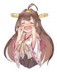  =_= ahoge black_skirt blush brown_hair closed_eyes commentary_request crying d: eyebrows_visible_through_hair facing_viewer fumikiri headgear kantai_collection kongou_(kantai_collection) long_hair nontraditional_miko nose_blush open_mouth pleated_skirt simple_background skirt snot solo tears upper_body v-shaped_eyebrows white_background 
