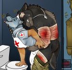  1940s army bandage bathroom blood camo canine caught clothed clothing dog female love_birds male male/female mammal military muscular officer pants_down partially_clothed reunited size_play soldier toilet_stall uniform unprofessional_behavior vintage war wolf world_war_2 wounded yamatopawa 