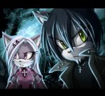  ann-jey black_hair canine collar cross duo ear_piercing emo facial_hair female fur goth green_eyes grey_fur hair ice jewelry keitronic long_hair looking_at_viewer male mammal necklace piercing pink_eyes valerie_veronica_winchester white_hair wolf 