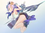  ;q ass azur_lane bangle bangs bare_shoulders black_legwear black_ribbon black_skirt blush boots bracelet breasts camisole closed_mouth commentary_request crown eyebrows_visible_through_hair green_eyes hair_ribbon holding holding_weapon javelin javelin_(azur_lane) jewelry kneehighs looking_at_viewer looking_to_the_side medium_breasts mini_crown object_namesake one_eye_closed pachi_(sugiyama0306) panties purple_footwear purple_hair ribbon skirt smile solo thighs tongue tongue_out underwear weapon white_camisole white_panties 