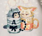  animal_ears black_bow black_hair blonde_hair bow common_raccoon_(kemono_friends) cup eyebrows_visible_through_hair fennec_(kemono_friends) fox_ears fox_tail grey_hair in_container in_cup kemono_friends mug multicolored_hair multiple_girls raccoon_ears raccoon_tail short_hair tail user_uuha4544 yellow_bow 