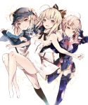  :d ahoge armpits artoria_pendragon_(all) bangs bare_arms bare_legs bare_shoulders barefoot baseball_cap black_bow black_hat black_legwear blonde_hair blue_gloves blue_leotard blush bow braid breasts carnival_phantasm cleavage closed_mouth commentary_request dress elbow_gloves eyebrows_visible_through_hair fate/extella fate/extra fate/grand_order fate/stay_night fate/unlimited_codes fate_(series) fingerless_gloves fingernails gloves green_eyes groin hair_bow hair_through_headwear hat highres leotard medium_breasts multiple_girls multiple_persona mysterious_heroine_x mysterious_heroine_x_(alter) open_mouth rojiura_satsuki:_chapter_heroine_sanctuary saber_lily smile standing standing_on_one_leg strapless strapless_dress thighhighs thumbs_up venomrobo white_background white_dress yellow_eyes 