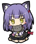  animal_ears bell black_skirt blush_stickers bow cat_ears cat_girl cat_tail character_request chibi covered_mouth emil_chronicle_online full_body japanese_clothes jingle_bell long_hair long_sleeves looking_at_viewer object_hug pink_bow pink_shirt purple_hair rinechun shirt simple_background skirt solo striped stuffed_animal stuffed_cat stuffed_toy tail tail_bow white_background white_footwear yellow_eyes 