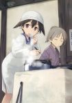  absurdres akimoto_yoshiko apron brown_eyes brown_hair cooking grandmother_and_granddaughter grey_hair head_scarf highres japanese_clothes kappougi kitchen ladle miyafuji_yoshika multiple_girls non-web_source official_art scan shimada_fumikane short_hair strike_witches tenugui world_witches_series 