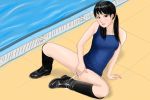  black_footwear boots cum cum_on_clothes female_ejaculation female_orgasm leather leather_boots looking_at_viewer masturbation one-piece_swimsuit orgasm pool pussy_juice school_swimsuit shimei swimsuit water 