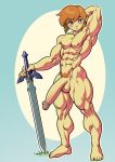  2018 abs balls biceps blue_eyes blush hand_behind_head humanoid hylian link long_penis male melee_weapon muscular muscular_male navel nintendo not_furry nude pecs penis pokkuti pubes solo sword the_legend_of_zelda video_games weapon 