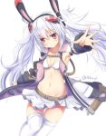  animal_ears armpits aruka_(alka_p1) azur_lane belt black_hairband bra breasts collarbone commentary_request fake_animal_ears hair_ornament hairband highres jacket laffey_(azur_lane) long_hair looking_at_viewer navel red_eyes remodel_(azur_lane) silver_hair small_breasts solo thighhighs twintails twitter_username underwear white_background 