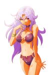  arm_at_side bangle bare_shoulders bracelet breasts cross-laced_clothes dark_skin earrings finger_to_mouth hair_between_eyes hand_up jewelry kagami_mira kosuke_(pixiv462995) large_breasts long_hair navel purple_eyes purple_hair sideways_glance smile solo tokimeki_memorial tokimeki_memorial_1 very_long_hair 