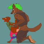  2015 anthro anus blue_background brown_fur butt clothed clothing collar digital_media_(artwork) digitigrade duo ear_piercing erection eye_contact female from_behind_position fur gnoll green_hair grin hair hi_res hyena interspecies kneeling kobold larger_male legwear male male/female male_penetrating mammal open_mouth pants pants_down partially_clothed penetration penis piercing red_scales reptile rml scales scalie sex simple_background size_difference smaller_female smile spots spotted_fur spotted_hyena thigh_highs tongue vaginal vaginal_penetration yellow_sclera 