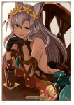  :d animal_ears artist_name backless_outfit black_gloves card_(medium) character_name flower gloves granblue_fantasy green_eyes hair_between_eyes hair_flower hair_ornament highres long_hair nemone open_mouth page_number silver_hair sitting sleeveless smile solo very_long_hair yatsuka_(846) yellow_flower 