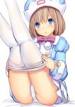  :o ass blue_coat blue_eyes blush brown_hair commentary_request daiaru fur_trim hat legs_together legs_up looking_at_viewer neptune_(series) panties pantyhose pantyhose_pull pulled_by_self rom_(choujigen_game_neptune) short_hair simple_background sitting solo thighs underwear white_background white_legwear white_panties 
