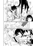  4girls ^_^ animal_ears blazer breast_grab cardigan closed_eyes comic commentary fake_animal_ears flying_sweatdrops grabbing greyscale highres jacket katou_asuka kuroki_tomoko long_hair monochrome multiple_girls naruse_yuu necktie nemoto_hina orikuchi_hirata sample sleeping sleeping_on_person spoken_interrobang sweatdrop tamura_yuri thought_bubble train_interior translated watashi_ga_motenai_no_wa_dou_kangaetemo_omaera_ga_warui! yuri 