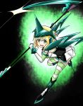  :d akatsuki_kirika bent_over blonde_hair elbow_gloves full_body gloves green_eyes green_footwear headgear highres hikkub looking_at_viewer open_mouth scythe senki_zesshou_symphogear short_hair skirt smile solo striped striped_legwear thighhighs 