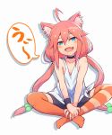  ahoge animal_ear_fluff animal_ears bike_shorts black_choker blue_eyes cat_ears choker commentary_request crossed_legs fang hair_bobbles hair_ornament highres hinata_channel indian_style long_hair low_twintails mismatched_legwear nekomiya_hinata open_mouth orange_legwear pink_hair shorts simple_background sitting smile solo striped striped_legwear tgh326 thighhighs twintails virtual_youtuber white_background wristband 