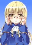  adjusting_eyewear bangs blonde_hair blue_background blue_jacket blush closed_mouth commentary cravat eyebrows_visible_through_hair frown glasses gradient gradient_background highres jacket kuroi_mimei long_hair long_sleeves looking_at_viewer military military_uniform perrine_h_clostermann rimless_eyewear solo strike_witches uniform upper_body white_neckwear world_witches_series yellow_eyes 