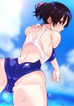  akiyama_sunao ass black_hair blue_sky blue_swimsuit brown_eyes cloud competition_swimsuit cowboy_shot day from_behind highres lens_flare looking_at_viewer looking_back one-piece_swimsuit original outdoors ponytail short_hair short_ponytail sky solo stretch swimsuit water wet 