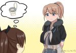  arms_behind_back bangs blonde_hair blue_eyes blush brown_hair closed_mouth commentary_request eyebrows_visible_through_hair hair_between_eyes intrepid_(kantai_collection) kantai_collection misumi_(niku-kyu) multiple_girls neck_pillow neckerchief ponytail shikinami_(kantai_collection) short_sleeves smile standing thought_bubble toilet toilet_seat twitter_username upper_body 