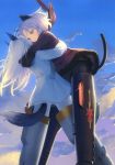  absurdres animal_ears black_legwear black_skirt blue_coat cat_ears cat_tail character_name cloud coat day eila_ilmatar_juutilainen fox_ears fox_tail glint green_eyes highres hug long_hair long_sleeves maroon_scarf miniskirt multiple_girls mutual_hug non-web_source number official_art outdoors page_number pantyhose pleated_skirt red_coat sanya_v_litvyak scan scarf shimada_fumikane short_hair silhouette silver_hair skirt sky sparkle strike_witches striker_unit sunset tail white_legwear world_witches_series 