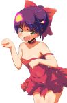  bangs blush bow breasts choker cleavage commentary_request cowboy_shot dress embarrassed eyebrows_visible_through_hair fang gegege_no_kitarou hair_bow highres leaning_forward looking_at_viewer nekomusume nekomusume_(gegege_no_kitarou_6) open_mouth paw_pose pointy_ears purple_hair red_bow red_choker red_dress short_dress short_hair simple_background small_breasts solo spaghetti_strap standing strap_slip sw white_background yellow_eyes 
