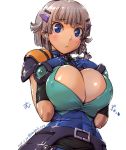  amania_orz blue_eyes braid breast_suppress breasts cleavage commentary_request frown gloves hair_ornament hairclip huge_breasts looking_at_viewer seolla_schweizer short_hair side_braid silver_hair solo super_robot_wars super_robot_wars_original_generation wide_hips 