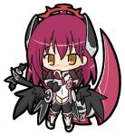  bangs black_wings blush bridal_gauntlets brown_eyes character_request chibi covered_navel emil_chronicle_online eyebrows_visible_through_hair full_body hair_between_eyes headgear juliet_sleeves leotard long_hair long_sleeves low_wings nose_blush puffy_sleeves purple_hair rinechun simple_background solo standing white_background white_leotard wings 