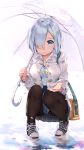  alternate_costume bag black_footwear black_legwear blue_eyes blush breasts buttons chinese_commentary collarbone commentary_request cross-laced_footwear full_body hair_ornament hair_over_one_eye hairclip hamakaze_(kantai_collection) highres holding holding_umbrella kantai_collection knees large_breasts looking_at_viewer on_liquid pantyhose petals pigeon-toed plaid plaid_skirt pleated_skirt reaching_out ripples shirt shoes short_hair shoulder_bag silver_hair skirt smile sneakers solo squatting umbrella unbuttoned yamano_(yamanoh) 