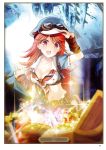  :d artist_name belt bound breasts brown_eyes card_(medium) character_name cleavage collarbone eyebrows_visible_through_hair goggles goggles_on_head granblue_fantasy gunp hat highres long_hair mary_(granblue_fantasy) medium_breasts midriff navel open_mouth orange_hair page_number short_sleeves smile solo sparkle standing stomach tied_up very_long_hair white_hat 