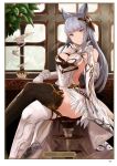  animal_ears artist_name asymmetrical_legwear backless_outfit black_legwear breasts card_(medium) character_name cleavage crossed_legs cup detached_sleeves fox_ears gloves granblue_fantasy grey_eyes grin hair_ornament head_tilt highres indoors korwa long_hair looking_at_viewer medium_breasts page_number see-through sideboob silver_hair sitting smile solo steam sunlight teacup thighhighs very_long_hair white_gloves white_legwear window yatsuka_(846) 