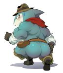  anthro belt blush butt clothing fish indy_jaws looking_back male marine muscular scarf shark shiny sweat toomanyboners video_games yo-kai_watch 