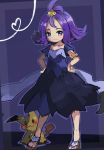  :3 acerola_(pokemon) animal_ears antenna_hair armlet blush blush_stickers brown_footwear child collarbone cu-sith dress feet flat_chest full_body hair_ornament half-closed_eyes hands_on_hips heart looking_to_the_side mimikyu pokemon pokemon_(creature) pokemon_(game) pokemon_sm purple_dress purple_eyes purple_hair sandals short_hair short_sleeves simple_background smile solo_focus standing tail 
