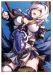  animal_ears artist_name asymmetrical_legwear blue_background breasts brown_eyes card_(medium) character_name cleavage covered_navel eyebrows_visible_through_hair fangs granblue_fantasy hair_between_eyes heles highres holding holding_weapon large_breasts mephist-pheles miniskirt open_mouth page_number polearm short_hair shoulder_armor silver_hair skirt solo spaulders spear thighhighs weapon white_legwear white_skirt 