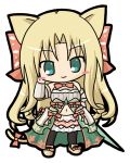  animal_ears bare_shoulders black_legwear blonde_hair blush_stickers bow brown_bow brown_footwear cat_ears cat_girl cat_tail character_request chibi closed_mouth emil_chronicle_online full_body gloves green_eyes grey_shirt hair_bow hand_up head_tilt holding long_hair mary_janes midriff navel pantyhose rinechun ringlets shirt shoes simple_background skirt sleeveless sleeveless_shirt smile solo sword tail tail_bow vambraces very_long_hair weapon white_background white_gloves white_skirt 