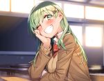  ;d bangs blazer blew_andwhite blurry breasts cardigan classroom commentary_request day depth_of_field eyebrows_visible_through_hair green_eyes green_hair grin highres indoors jacket kantai_collection large_breasts long_hair looking_at_viewer one_eye_closed open_blazer open_clothes open_jacket open_mouth school_uniform smile solo suzuya_(kantai_collection) teeth 